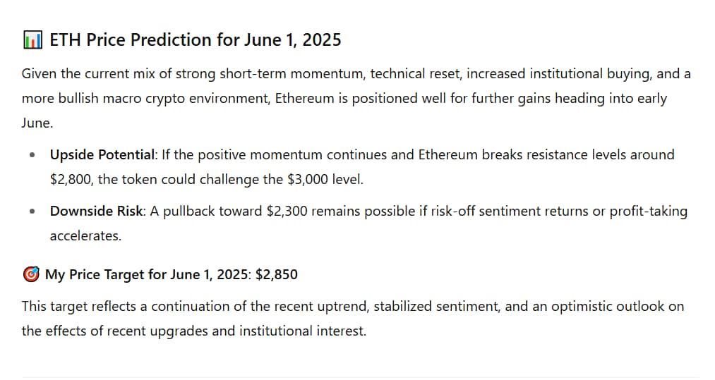 ChatGptは、2025年6月1日にEthereumの価格を予測します。